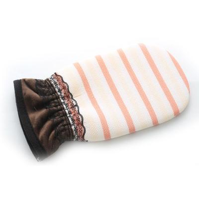 China EXFOLIATE Tiktok Latest Design Internet Popular Korean Fashion Striped Lace Squishy Filament Exfoliating Bath Gloves for sale