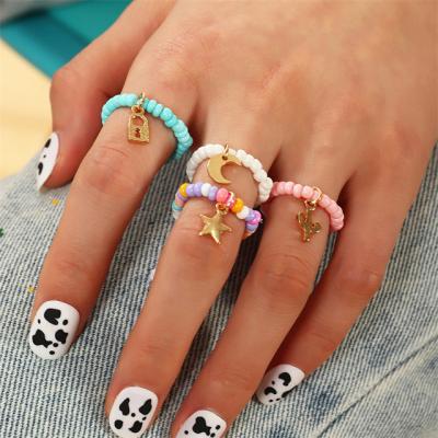 China BOHEMIA Funny Adjustable Jewelry Set Colorful Beaded Seed Bead Stars Moon Ring Set Pendant for sale