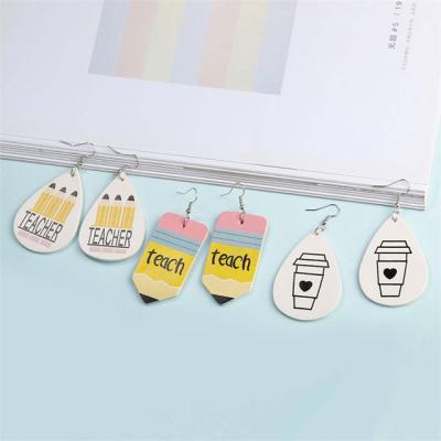 China TRENDY Creative Teacher's Gift Double Sided Pencil Shaped Water Drop PU Leather Earrings For Women for sale