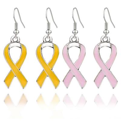 China TRENDY Prayer Fighter Breast Cancer Awareness Hope Glaze Pink Ribbon Earrings For Women for sale