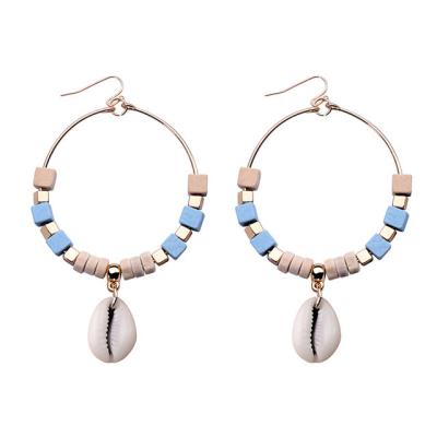 China Trendy Fashion Beach Boho Natural Shell Charm Wooden Beads Hoop Earrings Jewelry For Women for sale