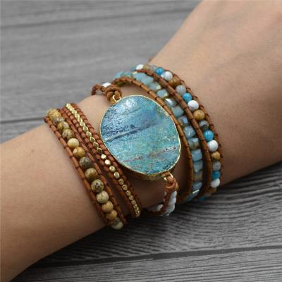 China BOHEMIA Opal Beads Ocean Stone Charm Wrap Bohemian Handwoven Natural Multilayer Leather Bracelet for sale