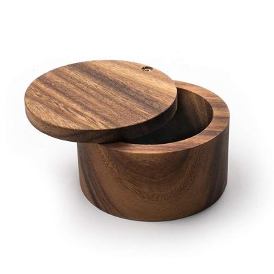 China Handmade Wooden Storage Box The Log Spice Box With Swivel Cover Acacia Wooden Kitchen Salt Box for sale