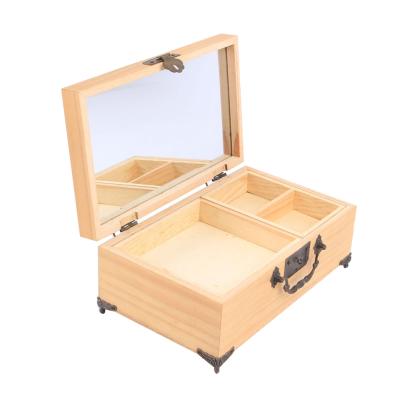 China Natural Wooden Drawer Makeup Storage Box Viable Wooden Storage With Mirror Two Layer Jewelry Storage Box for sale