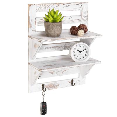 China Simply Rustic Whitewashed Wood Wall Mounted Shelf Rack With Key Hooks, 17 x 13-Inches Wood Rack for sale