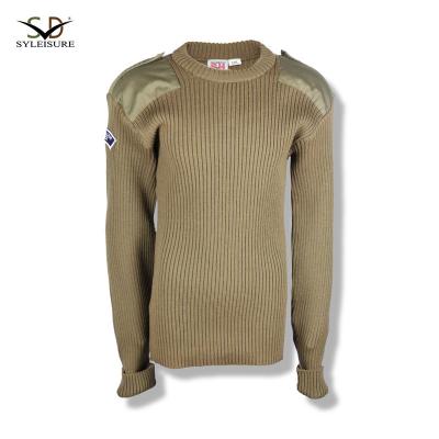 China Anti-wrinkle khaki woolen knitted military sweater with shoulder pads and patches for sale