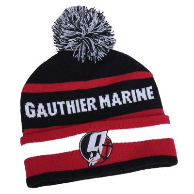 China JOINT 100%Acrylic Jacquard Custom Letters Soft Knit Advertising Cuff Beanies With Pom for sale