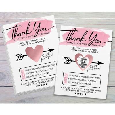 China Wholesale Europe Customer Discount Small Business Gift Pink Heart Thank You Scratch Cards for sale