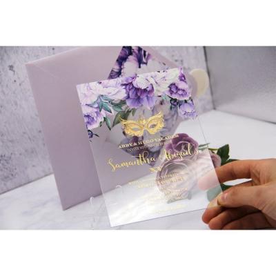 China Unique Romantic Light Purple Peony White Gold Foil Print Invite With Venetian Acrylic Wedding Invitations for sale