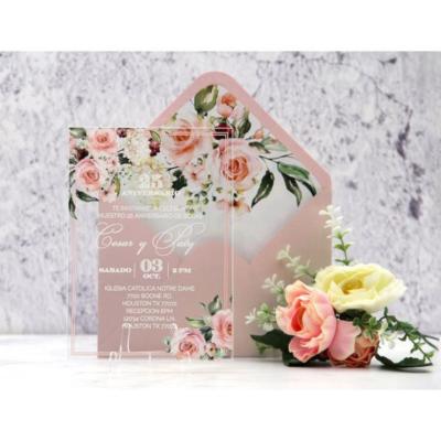 China 50Pcs Clear Plexiglass UV Printed Acrylic Floral Acrylic Wedding Invitaiton Elegant Romantic Unique Luxury Cards for sale