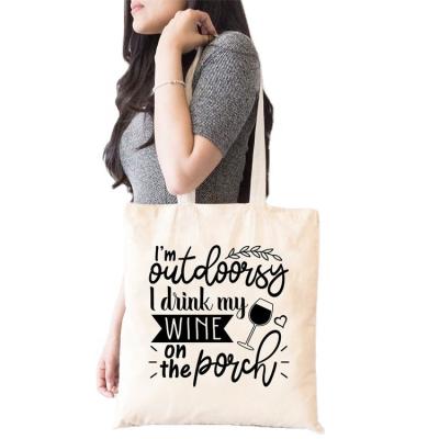 China Reusable I Drink My Wine On Platform Cotton Canvas Tote Bag With Custom Printed Logo For Women Funny Shopping Drinking Shoulder Bag for sale