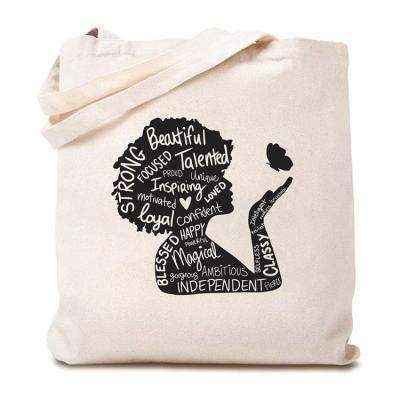 China Lady Graphic Wholesale Reusable Afro Cotton Canvas Tote Bag For Black Funny Story Women Afro Reusable Shopping Shoulder Bag for sale