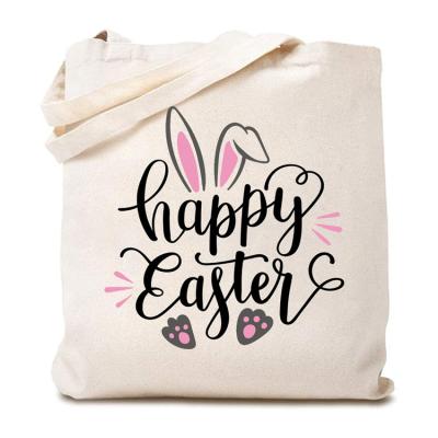 China Wholesale Reusable Happy Easter Bunny Graphic Cotton Canvas Tote Bag For Women Funny Reusable Bunny Feet Shopping Shoulder Bag for sale