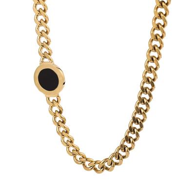 China Fashion Women Stainless Steel Zircon Jewelry Black Gold Plated High Polish Hip Hop Flat Cuban Chain Necklace for sale