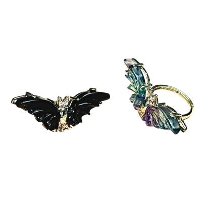 China Western Kenny Crystals Wholesale Natural Crystal Gem Stone New Design Jewelry Copper Rainbow Fluorite Obsidian Bat Wings Ring for sale