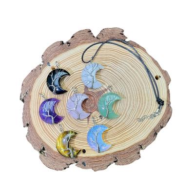 China China Kenny Crystals Wholesale Natural Crystal Stone Craft Carving Semi-precious Tree Of Life Wire Wrapped Moon Pendant Necklace for sale