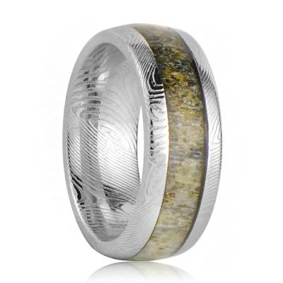 China TRENDY Damascus Steel Band Ring Natural Deer Antler Inlaid Damascus for sale