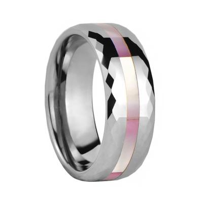 China TUNGSTEN 8MM Faceted Pink Pearlescent Shell Inlay Tungsten Men Ring for sale