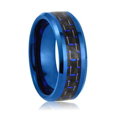 China Hiphop Blue Men's Tungsten Ring Blank Black Carbon Fiber Inlay Wedding Band for sale