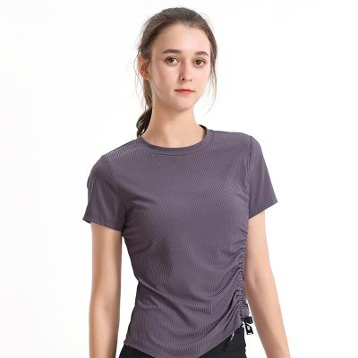 China Square 2021 new high quality gym wear yoga tops women short sleeve side pleated design fitness and yoga wear women gym yoga top for sale