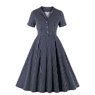 China 2021 fashion main business anti-static temperament black V-neck striped dress for women for sale