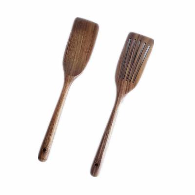 China Diyue Sustainable Household Items DIY21012202 Pack 2 Pan Cook Tool Eco Wooden Non-Stick Utensils Home Kitchen Acacia Teak Wood Grooved Spatula for sale