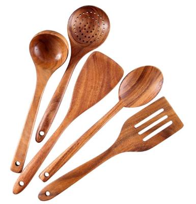 China Sustainable Wholesale Diyue Household Goods DIY2012151 Teak Wood Cook Tool Pack 5 Spatula Set Non-Stick Slotted Kitchen Cooking Wooden Utensil for sale