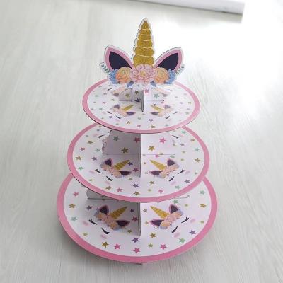 China Festival Decoration Manufacturer Wholesale Three-Layer Paper Cake Stand,Unicorn Party Decoration Rack,Dessert Table Display Kids Stand for sale