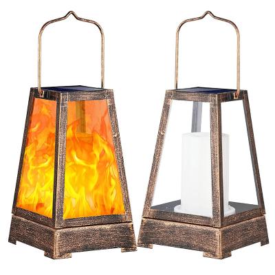 China LANDSCAPE Lights Solar Metal Flame Palace Trapezoidal Lantern Led Flame Flickering Solar Powered Lights for sale