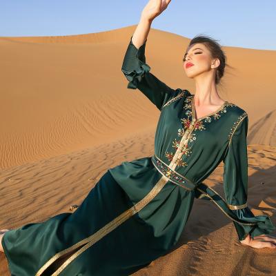 China Polyester Goods In Stock Fashion Dark Green Ruffle Long Dress Heavy Duty Diamonds Middle Eastern Women's Dress With Belt for sale