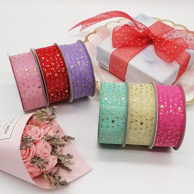 China Handmade Custom Stars Chiffon Silk Craft 25mm Recyled Gold Foil Ribbon Silk Wholesale for sale