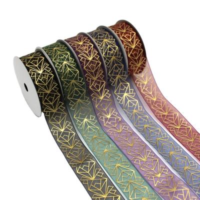 China Wholesale new arrival 25mm thin gold foil geometric patterns organza ribbon organza ribbon cable organza ribbon china factory for sale