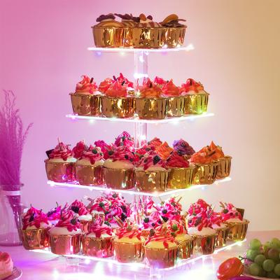 China Viable Flat Pack Assembled Multi-Layers RGB LED Lights Wedding Acrylic Dessert Standing Rack Cake Cup Cake Display Stands for sale