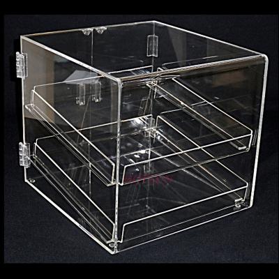 China Promotion Gift Food Grade Transparent Acrylic 2 Trays Cookie Display Cake Cabinet With Door for sale