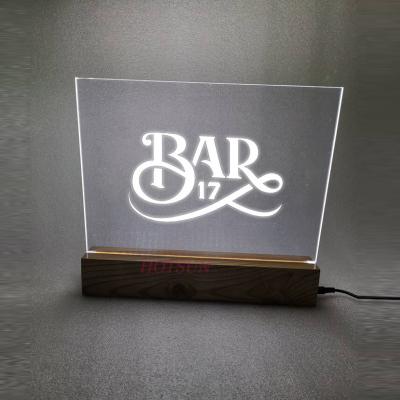 China Acrylic With Wood Base A4 Engraved Brand Logo Stand Lighting Up Led Sign Holder Acrylic With Wood Base for sale