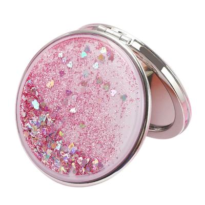 China Cute Double Sided Shiny Double Sided Makeup Mirror Quicksand Pocket Mirror Girls Outdoor Portable Foldable Mirror for sale