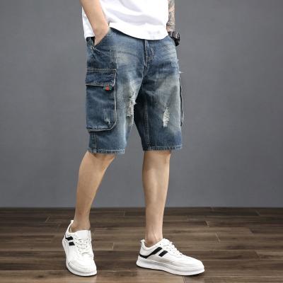 China New Mens Summer Breathable Straight Leg Jeans Ripped Hole Shorts Big Pocket Loose Casual Cargo Pants for sale