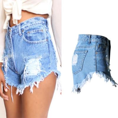 China Breathable Girl's Hot Denim Shorts Ripped Vintage Leg Background Washed Color Blue Summer for sale