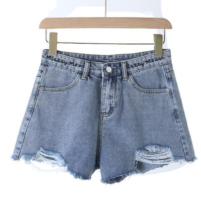 China Hot Ladies QUICK DRY Denim Shorts Embroider Raw Edge Printing Ripped Bottom Summer for sale