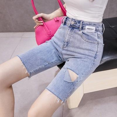 China Breathable Ready To Ship Stock Ladies Denim Shorts Summer Knee Length Jeans Waist Pants for sale