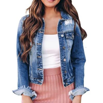 China Breathable Women's Denim Jacket Waist Length Ripped Garment Washed Raw Autumn Long Sleeve Button Closed Cuffs for sale