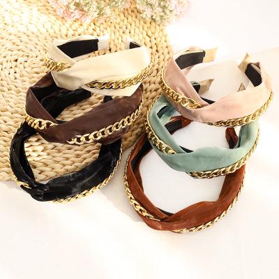 China Wholesale custom made European and American style LRTOU 2021 women fashion hair band hair accessories leather fabric cross metal chain headband for sale