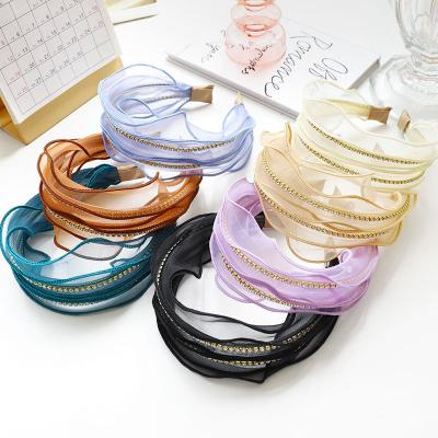 China 2021 LRTOU Wholesale Fashion Women Shape Crystals Headband Mesh Fabric Elegant Girls Organza Headband Hair Accessories for sale