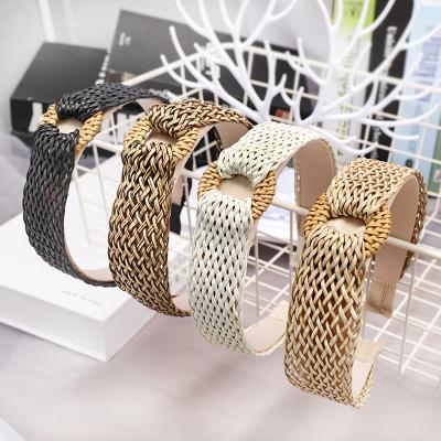 China Wholesale Custom Fashion LRTOU European and American Style Hand Knit Hallow Raffia Straw Plastic Hair Band Headband for Adult Women for sale