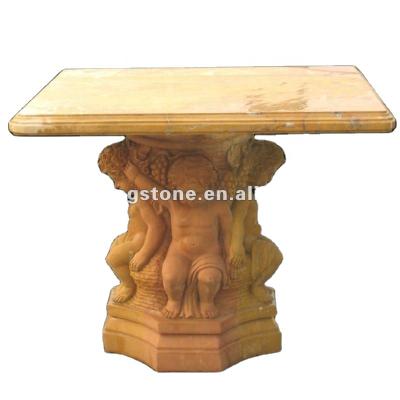 China Modern Hand Carving Square Type Yellow Marble Table And Benches for sale