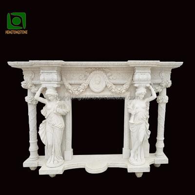 China White Marble Fireplace Mantel Stock Fireplace Mantel With Beautiful Lady Statue for sale