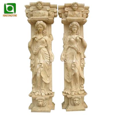 China Solid Construction Decorative Hand Carved Travertine Figure Columns for sale