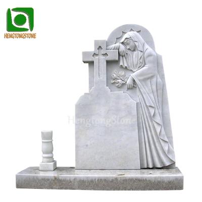 China Durable and Artistic Marble Tombstone Mary Sculpture Religious White Marble Sad Tombstone for sale