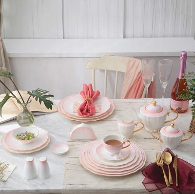 China P&T Wares Golden Rim Viable Royal Colored Bone China Pink Ceramic Dinnerware Sets Luxury for sale