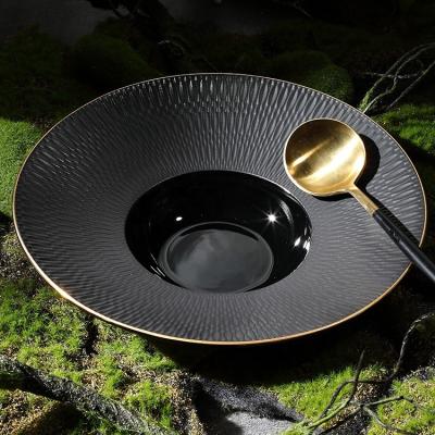 China Factory wholesale viable black hotel round ceramic dishes high quality European deep soup dish for dining luxury plate china for sale